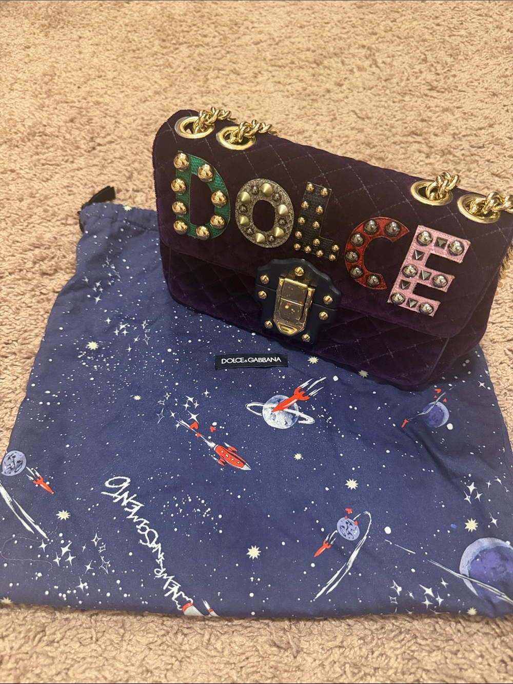 Dolce & Gabbana Velvet Quilted Shoulder Bag in Deep Purple with Multicolor Logo